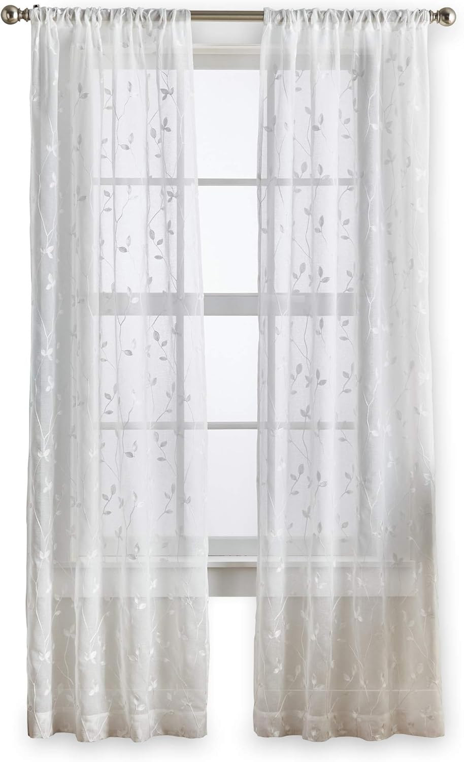 Botanical Embroidered Leaf White Sheer Window Curtains – 2 Panel Set – 37″ X 84″