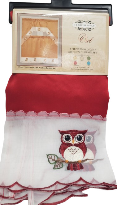 3pc. Embroidery Curtains Set:2 Tiers (30″x36″) & Swag (60″x36″) OWL,burgundy,H&M