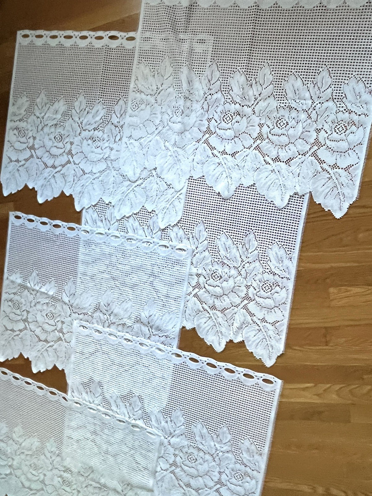 6 Vintage White Floral Lace Café Curtains 30″ wide X 24″ long Each