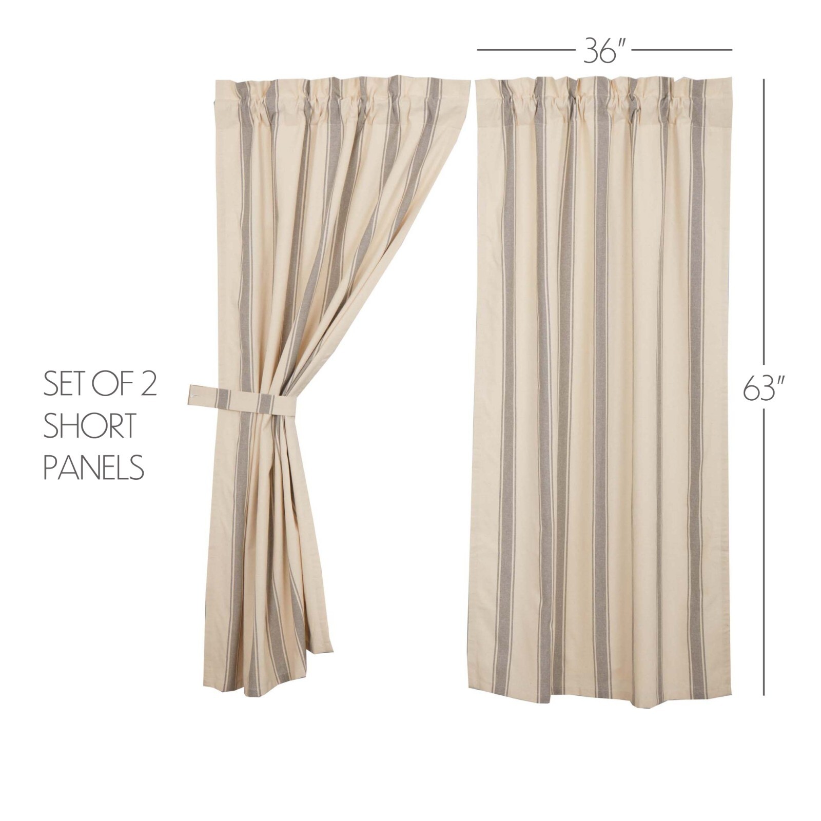 Grace Grain Sack Stripe Short Panel Set 63×36 Farmhouse Curtains Grey Creme