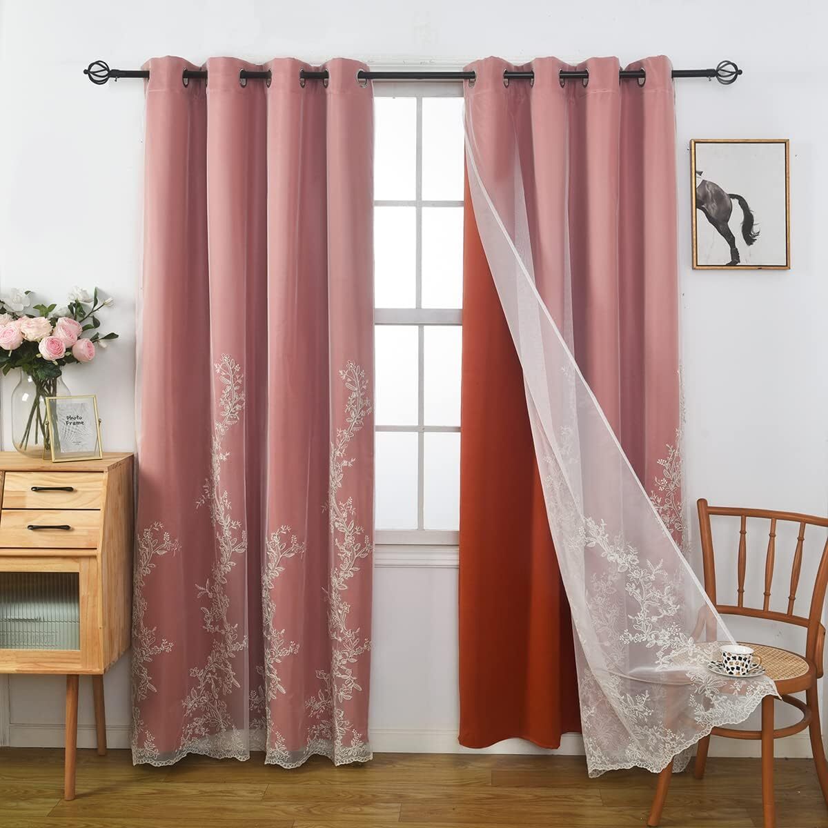2Panels Double Layer Curtains with Embroiered Sheer, Grommet 52x84inch,Tangerine