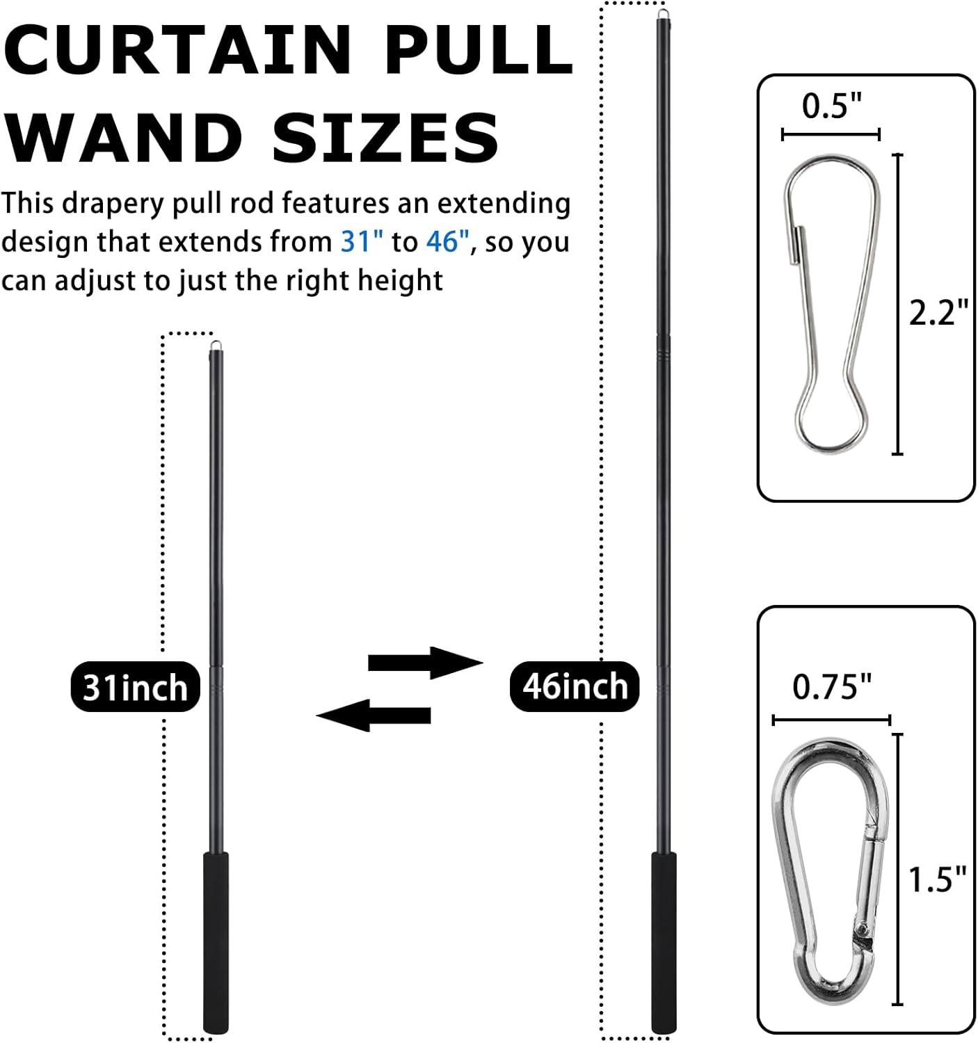 2 Pack Adjustable Curtain Pull Wands 31-46 in Steel Drapery Rods Black