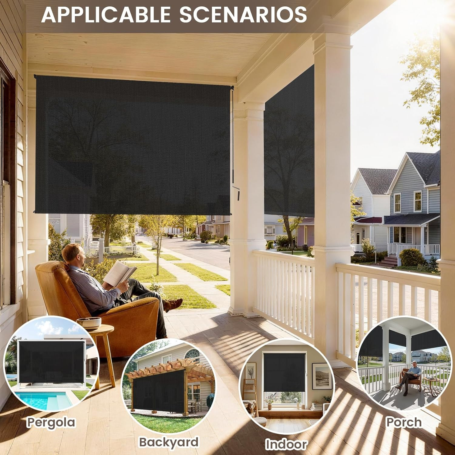 Outdoor Roller Shades for Patio, 8′ W X 8′ H Cordless Patio Shades Roll up Outdo