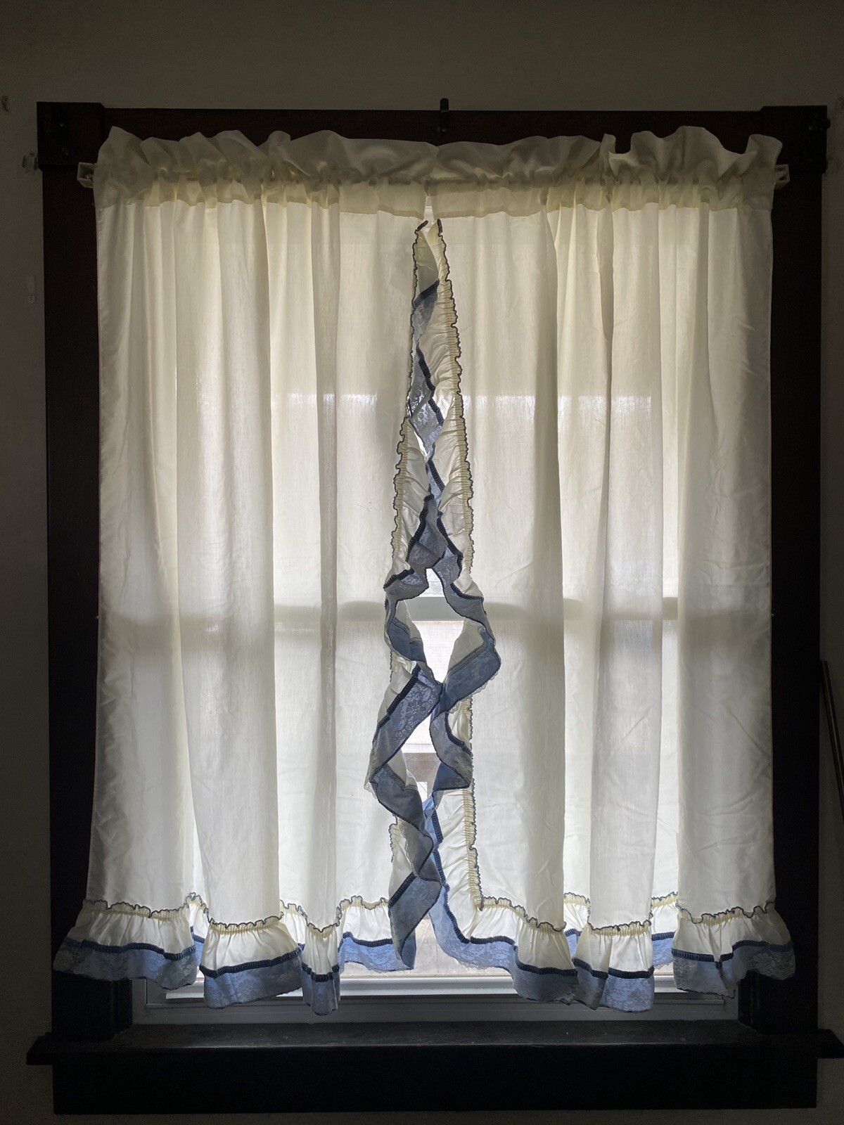 Blue & White Ruffled Curtain Panels With Blue Tie Back Bows Lace Trim