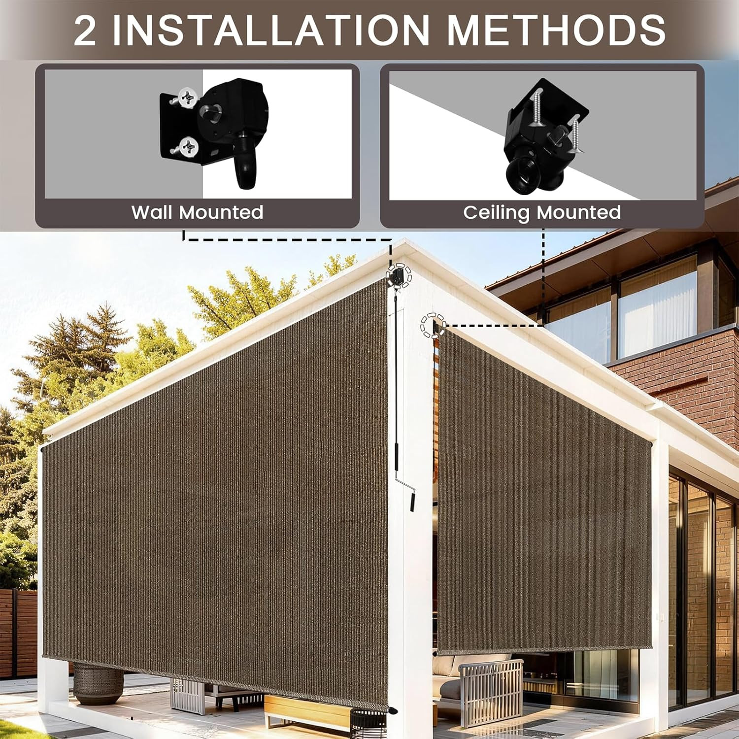 Outdoor Roller Shades for Patio, Mocha 10′ W X 8′ H Cordless Patio Shades Roll u