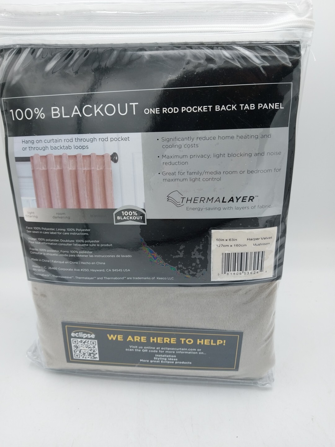 Eclipse Harper Vevet Blackout Mushroom Curtain Rod Pocket 50 in. W X 63 in. L