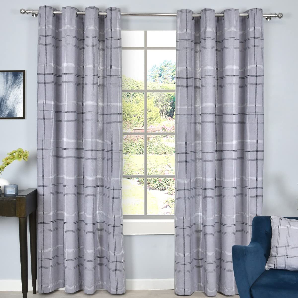 Eyelet Curtains, Printed, 117 x 137 cm, Grey, 2 Panels of Fabric