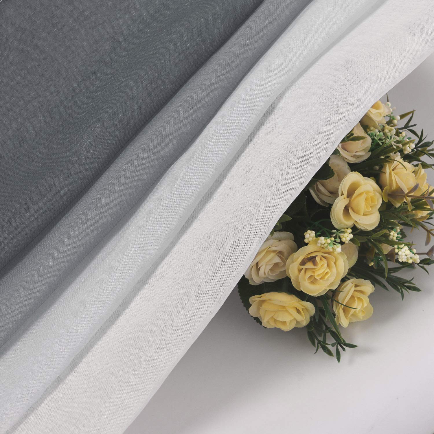 Grey Faux Linen Ombre Sheer Curtains – Semi Voile Gradient Grommet Top Curtai…