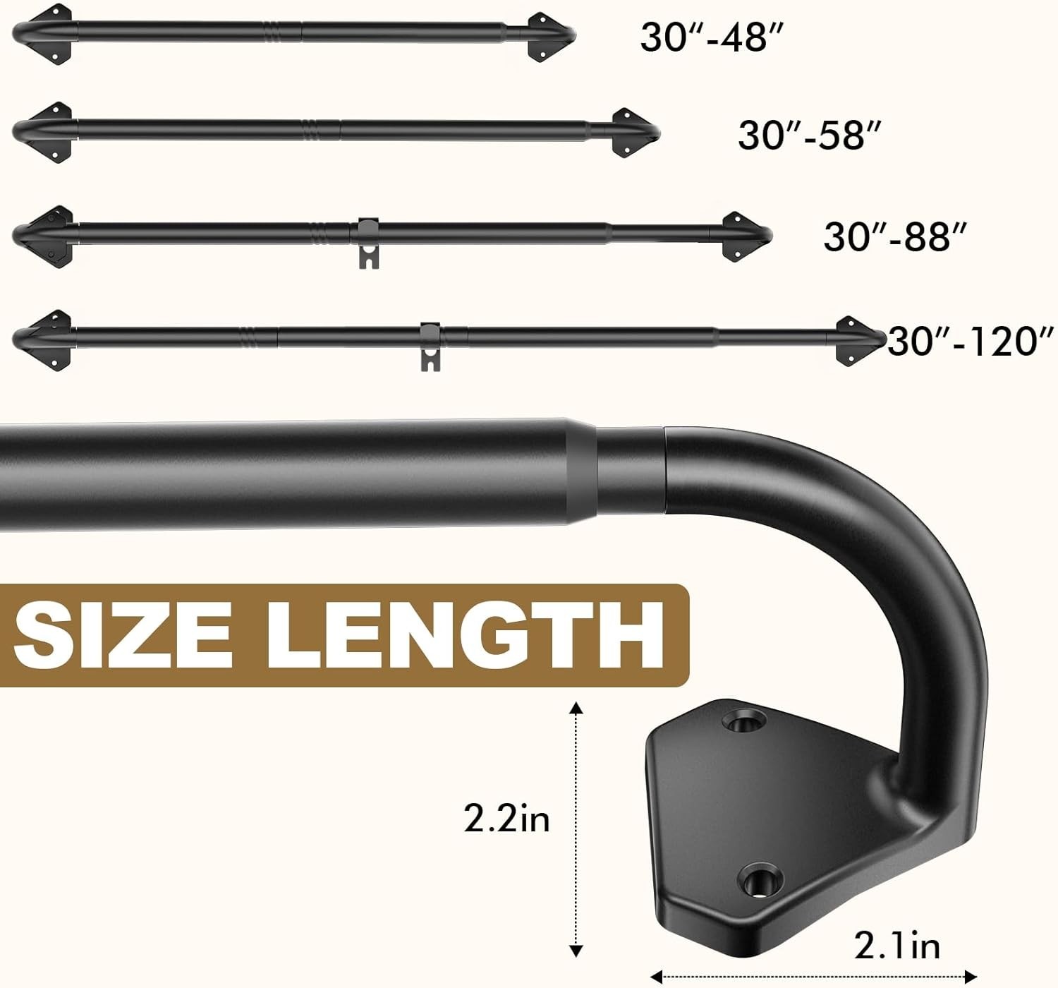 Black Wrap around Curtain Rods for Windows 28 to 48 Inch, 5/8 Inch