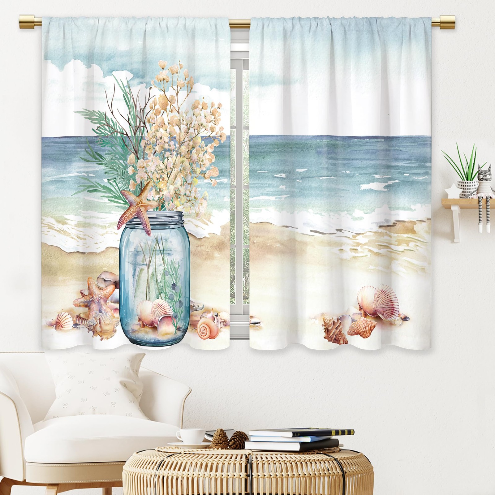 Cinekker Summer Coastal Kitchen Curtains – Starfish Blue Sea Bathroom Window …
