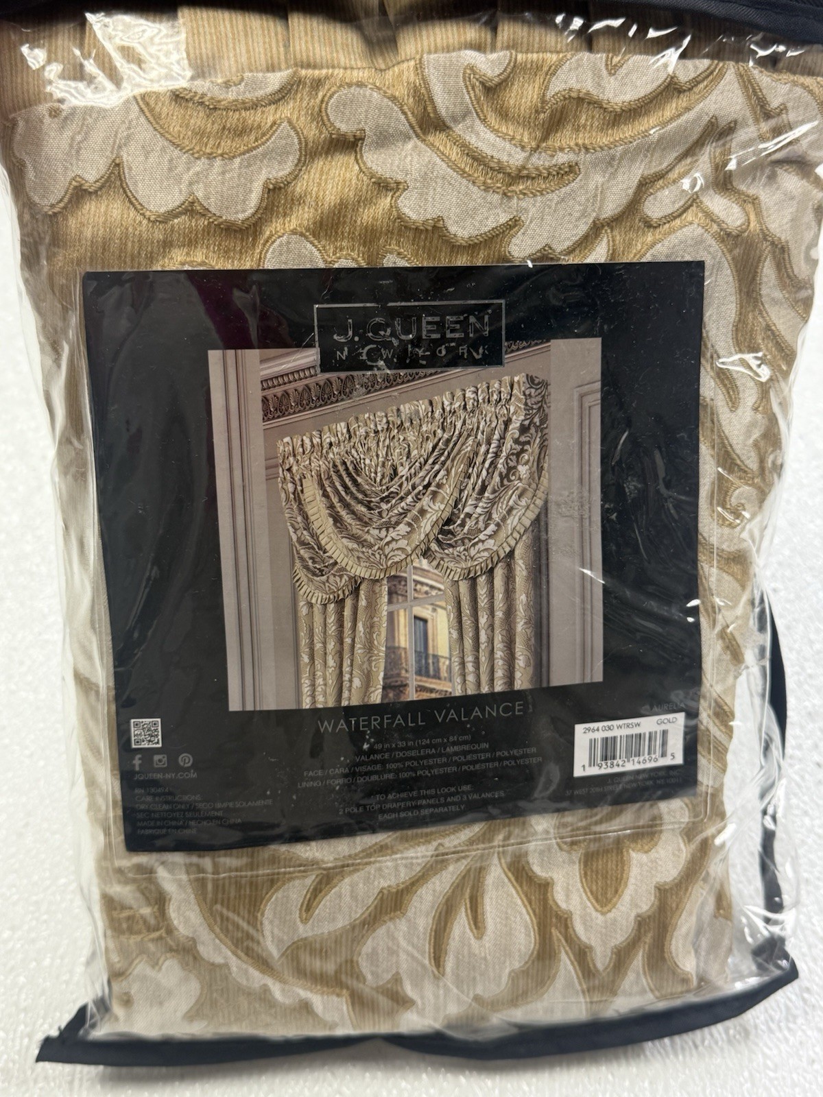 J Queen waterfall valance Aurelia 49” x 33” Gold New In Package