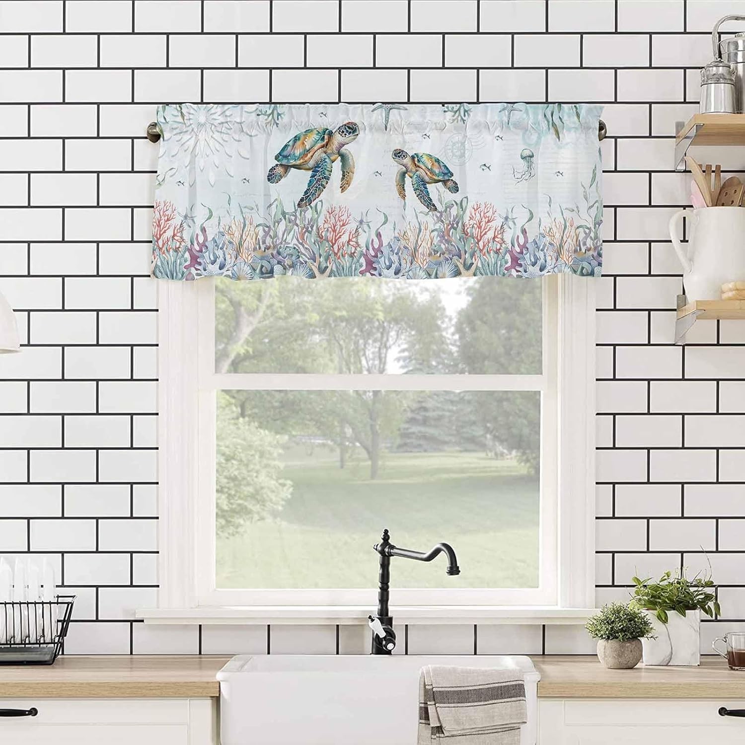 Teal Blue Turtle Coastal Valances Window Treatment Farmhouse Decor, Summer Be…