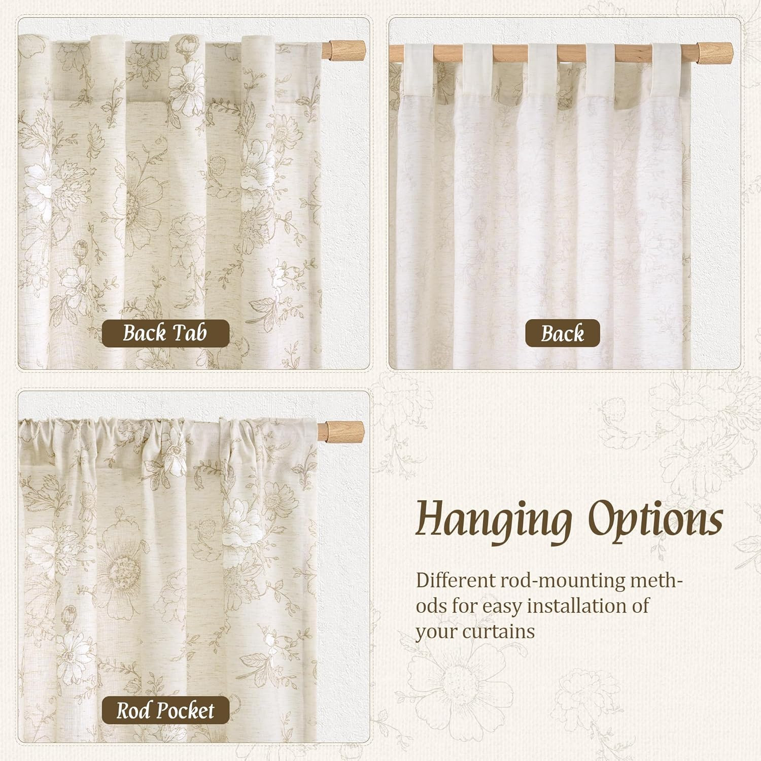 LAMIT Taupe Floral Linen Curtains 63 inch Length, Light Filtering Country Vintag