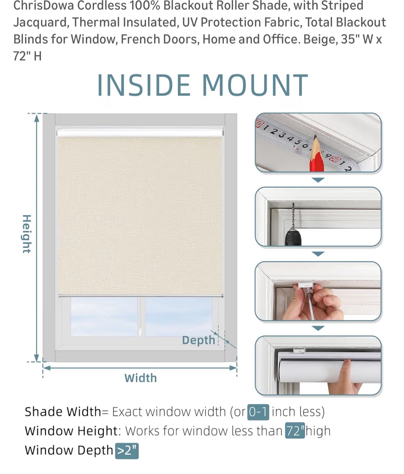 ChrisDowa Cordless Free-Stop 100% Blackout Blinds for Windows, 35”W x 72”L