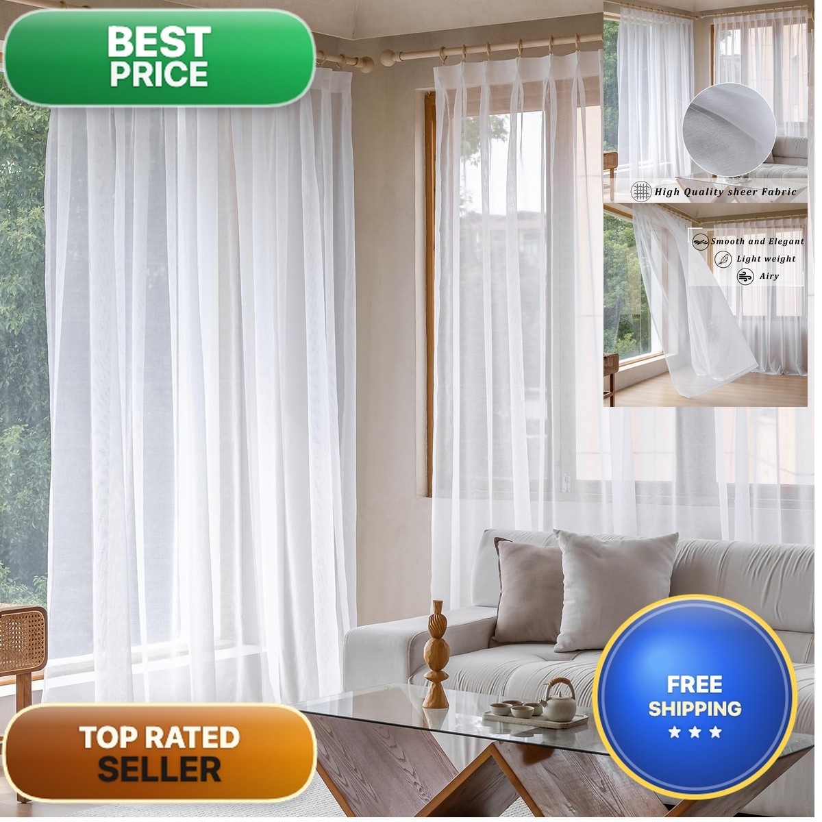 Toava Deco Pinch Pleated Curtains 84X108 Inches Long Extra Wide Long White