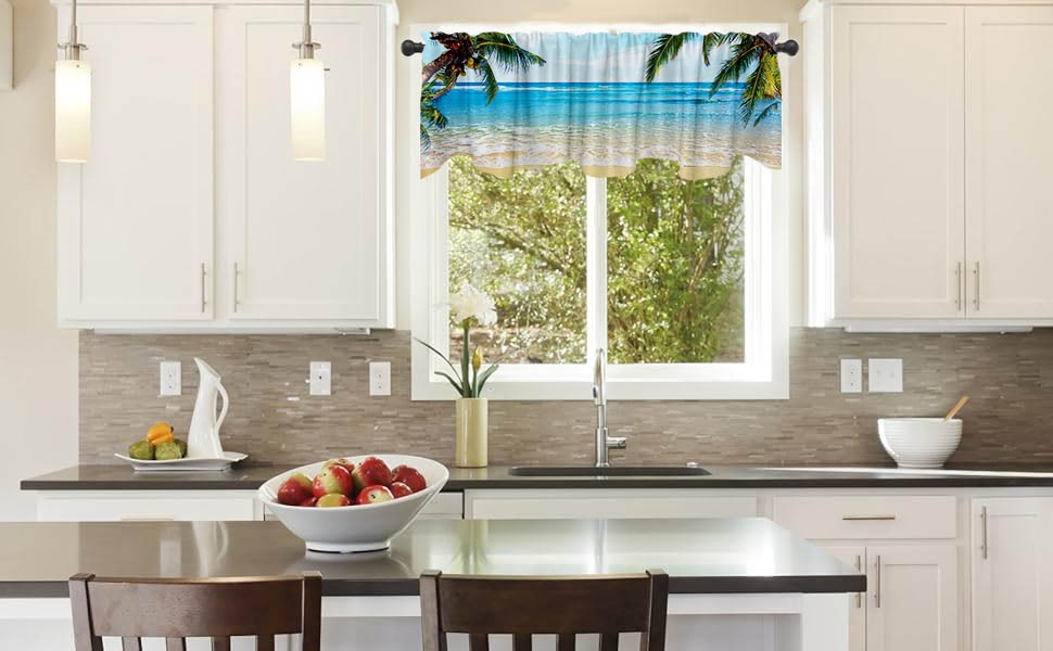 54×18 Inches Blue Sea Seaside Window Treatment Valance Coconut Tree Fine Summer