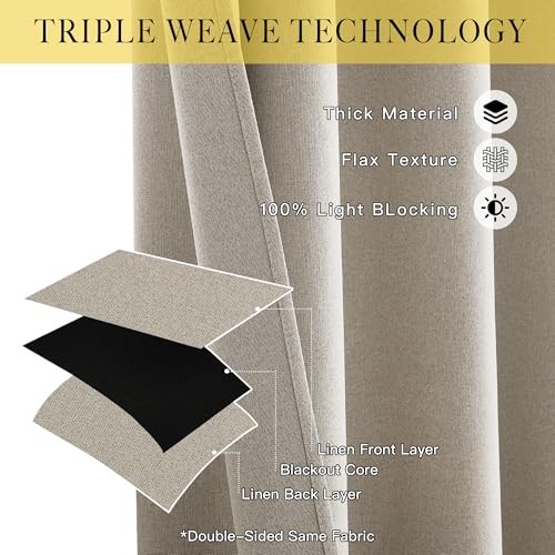 100% Blackout Linen Curtains 96 inches Long, 52″W x 96″L (Pack of 2) Natural
