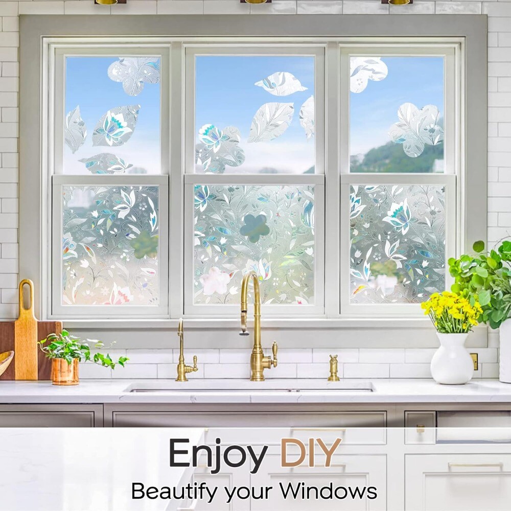 rabbitgoo Window Film Privacy Stained Glass 3D Frosted Decoration Floral Film