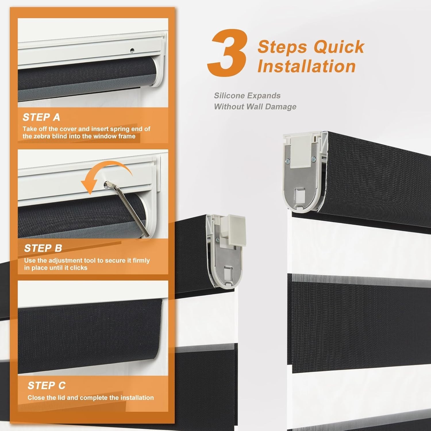 Black METechs No-Drill Zebra Blinds – Dual Layer Light Filtering Cordless Shades