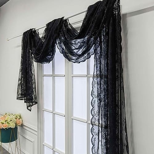Romatic Lace Embroidery Window Scarf Sheer 57″W x 144″L (Pack of 1) Black