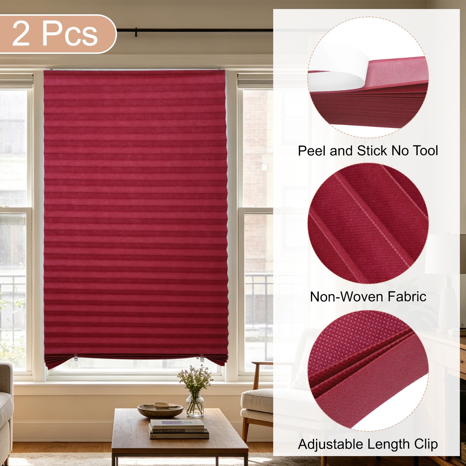 2 Pack 35 x 59 Inch Temporary Window Pleated Blinds with 4 Clips, Burgundy