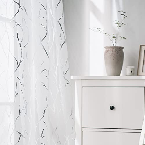 Silver White Sheer Curtains 84 Inches 52″W x 84″L (Pack of 2) White Silver