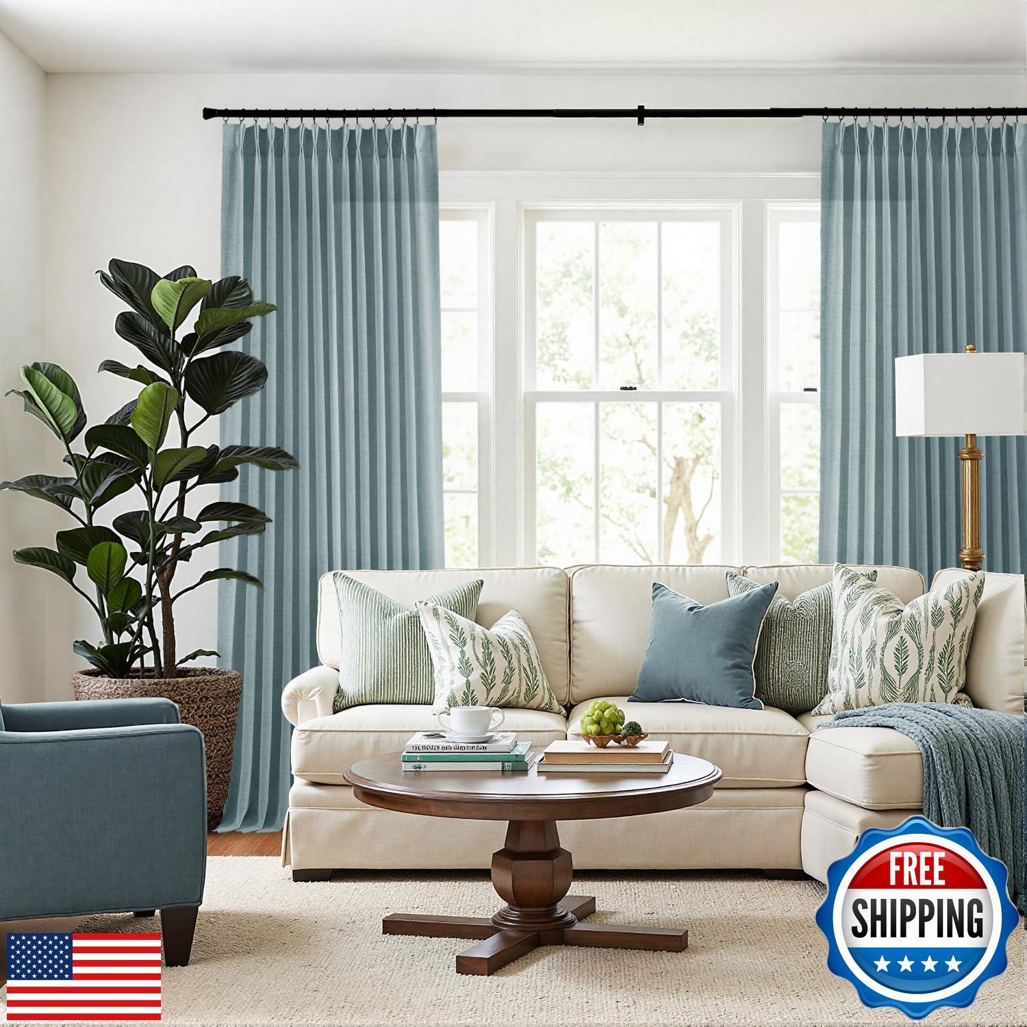 MIULEE Pinch Pleated Stone Blue Linen Curtains 96 Inches Long 2 Panels for Be