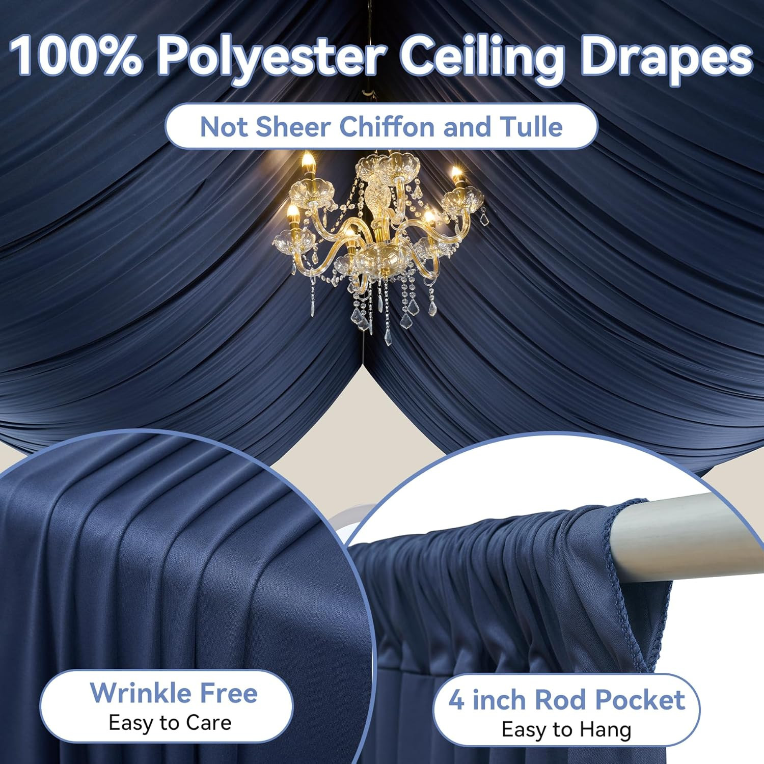 60Ft×20Ft Navy Blue Ceiling Drapes for Parties Weddings, 12 Panels 5×20Ft Long T