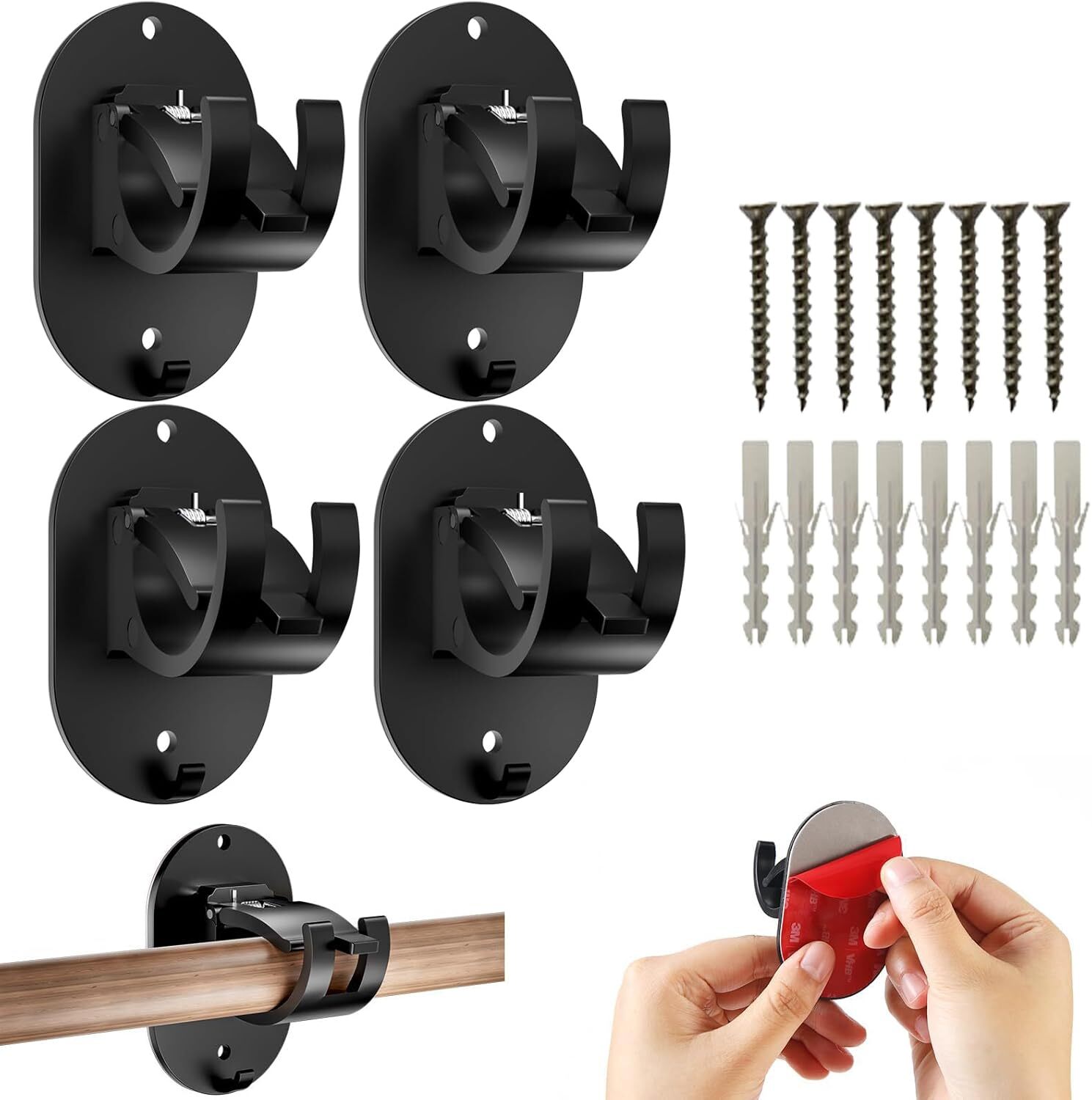 4 Pieces Self Adhesive Curtain Rod Bracket, Universal Plastic Black