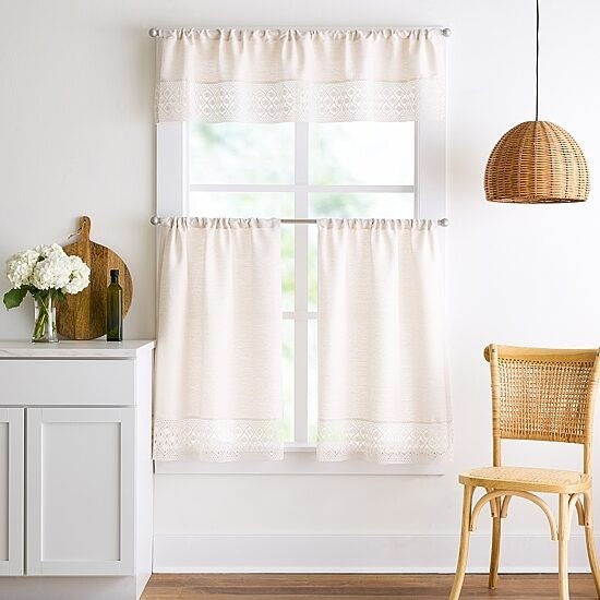 Peri Home Bahia Café Curtain 3-Piece Tier & Valance Set Rod Pocket 60×36 Linen