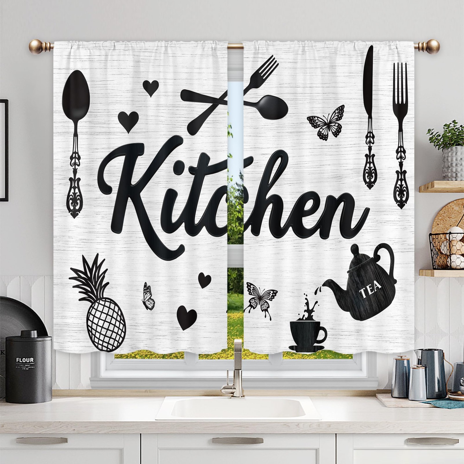 Black and White Kitchen Curtains for Bedroom 27.5Wx39H Inch Rod Pocket Farmho…