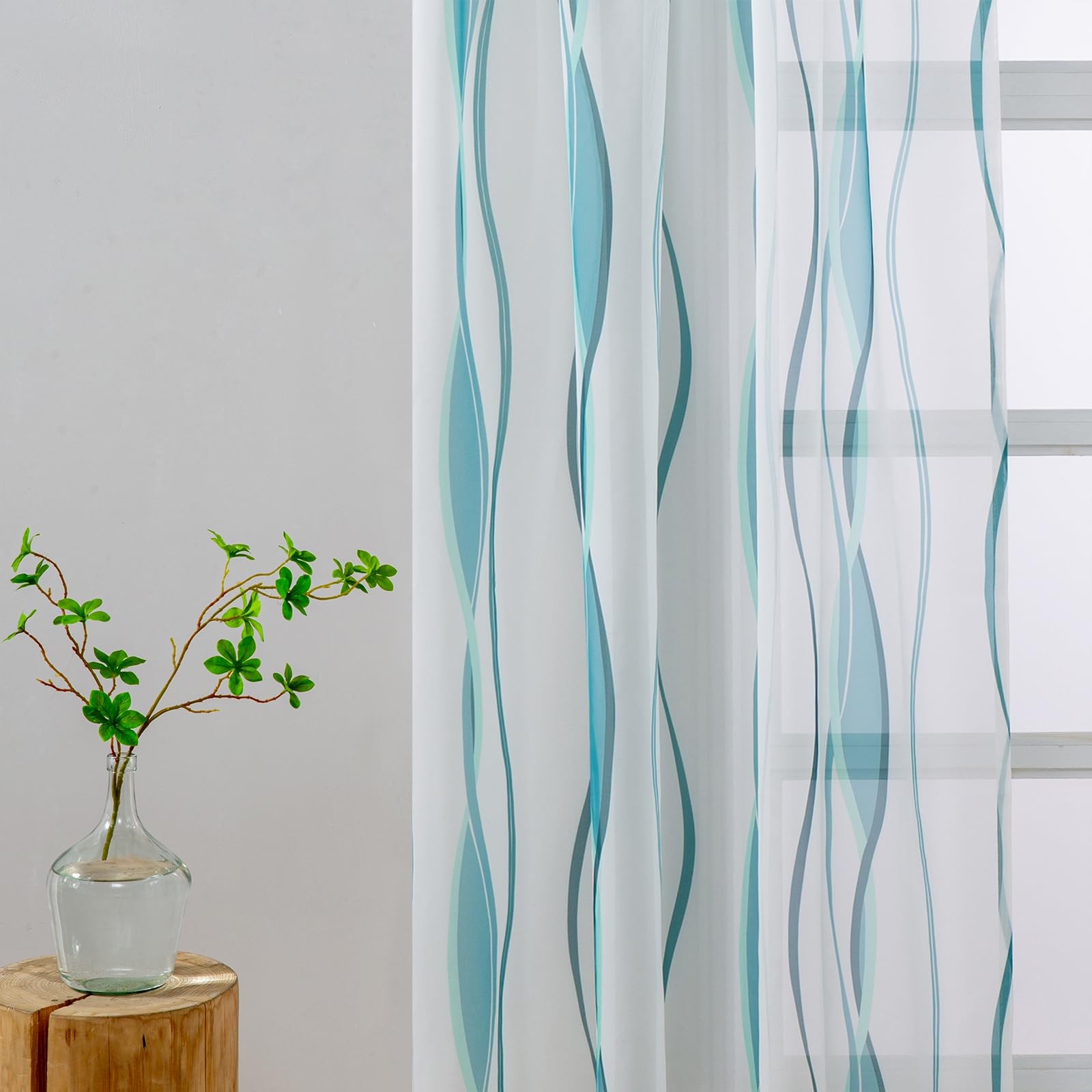 White and Teal Sheer Curtains 96 Inch Long 2 Panels Set for Living Room, Voil…