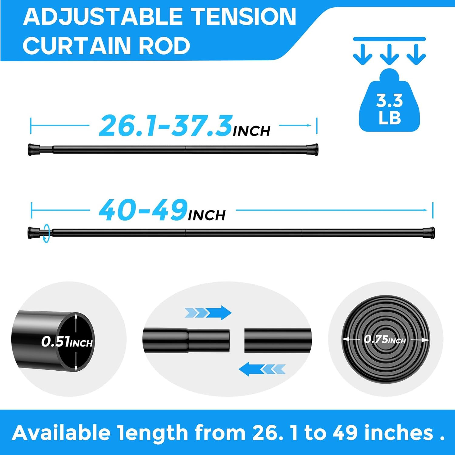 2 Pack Spring Tension Rods 28-48 Inches,5/8″ Diameter Black Spring Loaded Curtai