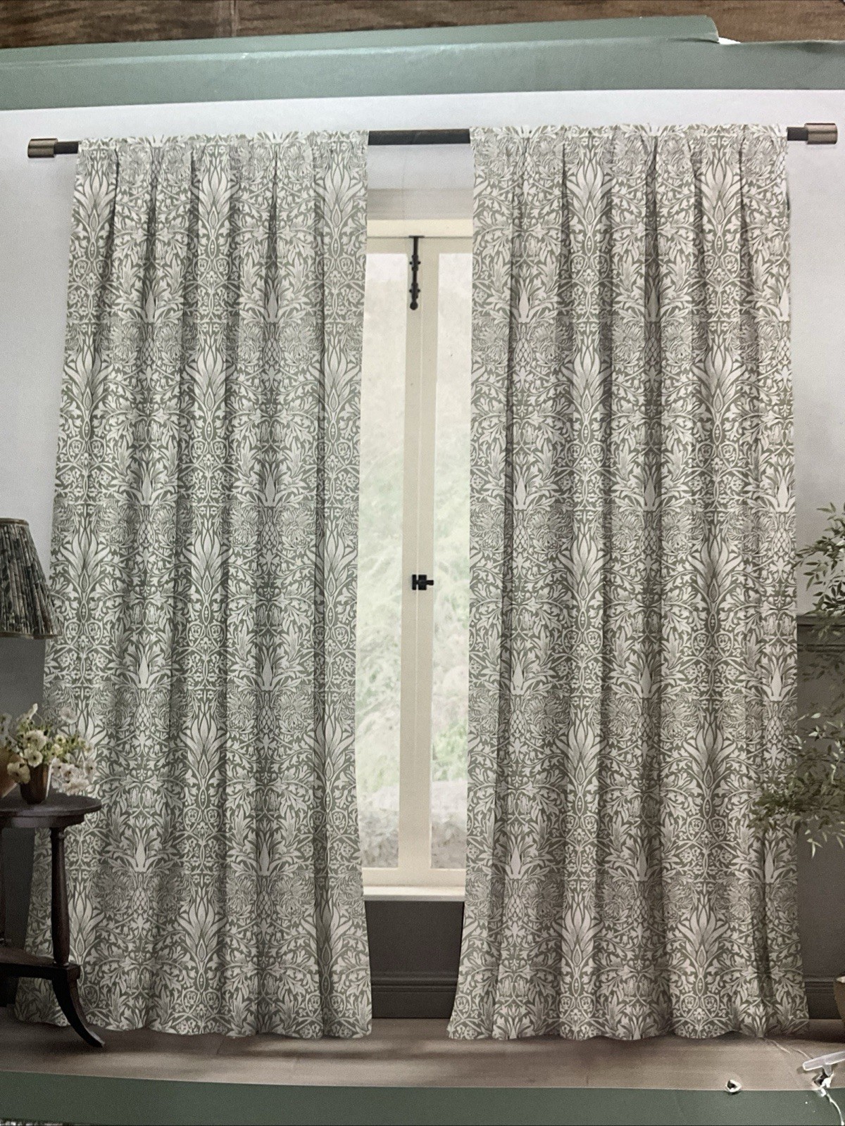 Morris & Co Snakeshead English Garden Window Curtain – Green / Ivory – 36 x 84”