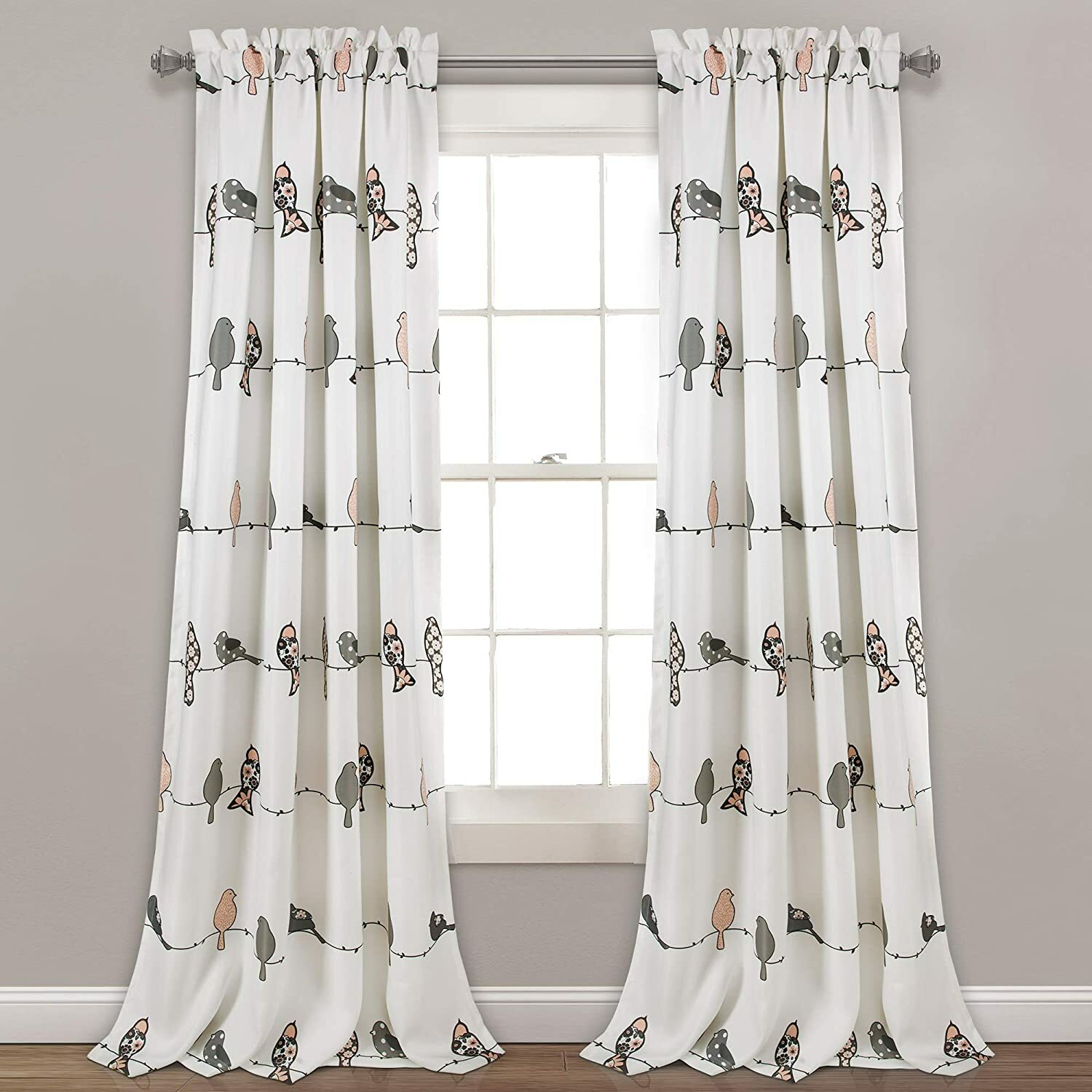 Set 2 Pink Gray Grey Birds Line Branch White Curtains Panels Drapes 84 95 in L