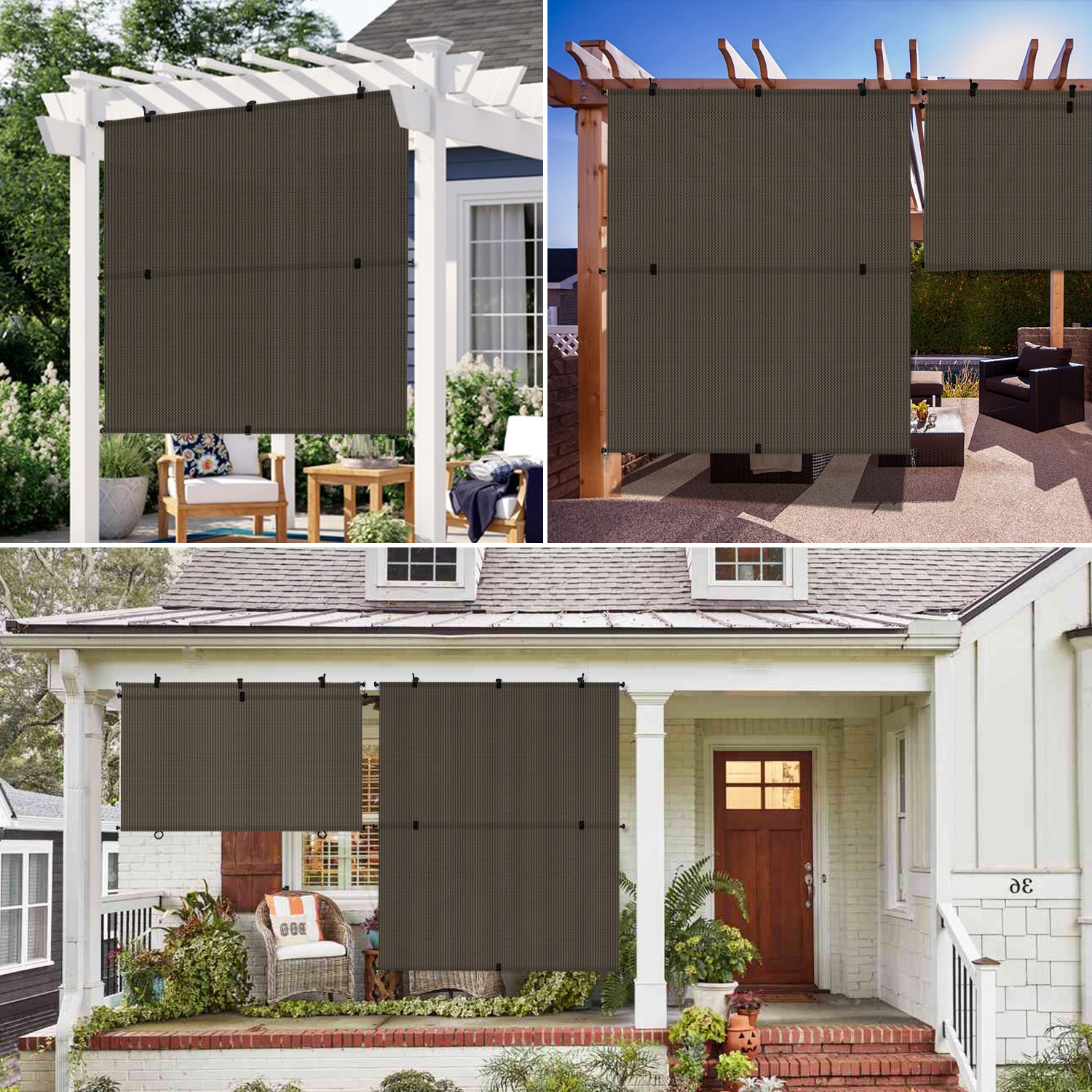 Outdoor Sunshade Roller Shades Roll up Shade Exterior Patio Curtain Blinds Brown