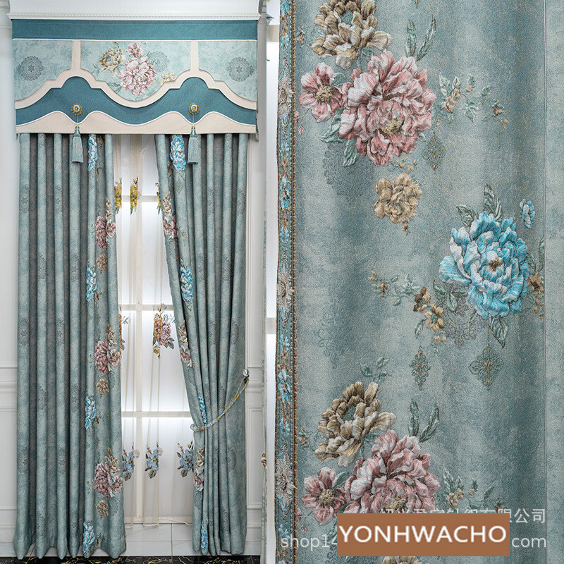 Custom 3D relief French thick jacquard blue cloth curtain tulle valance C1606