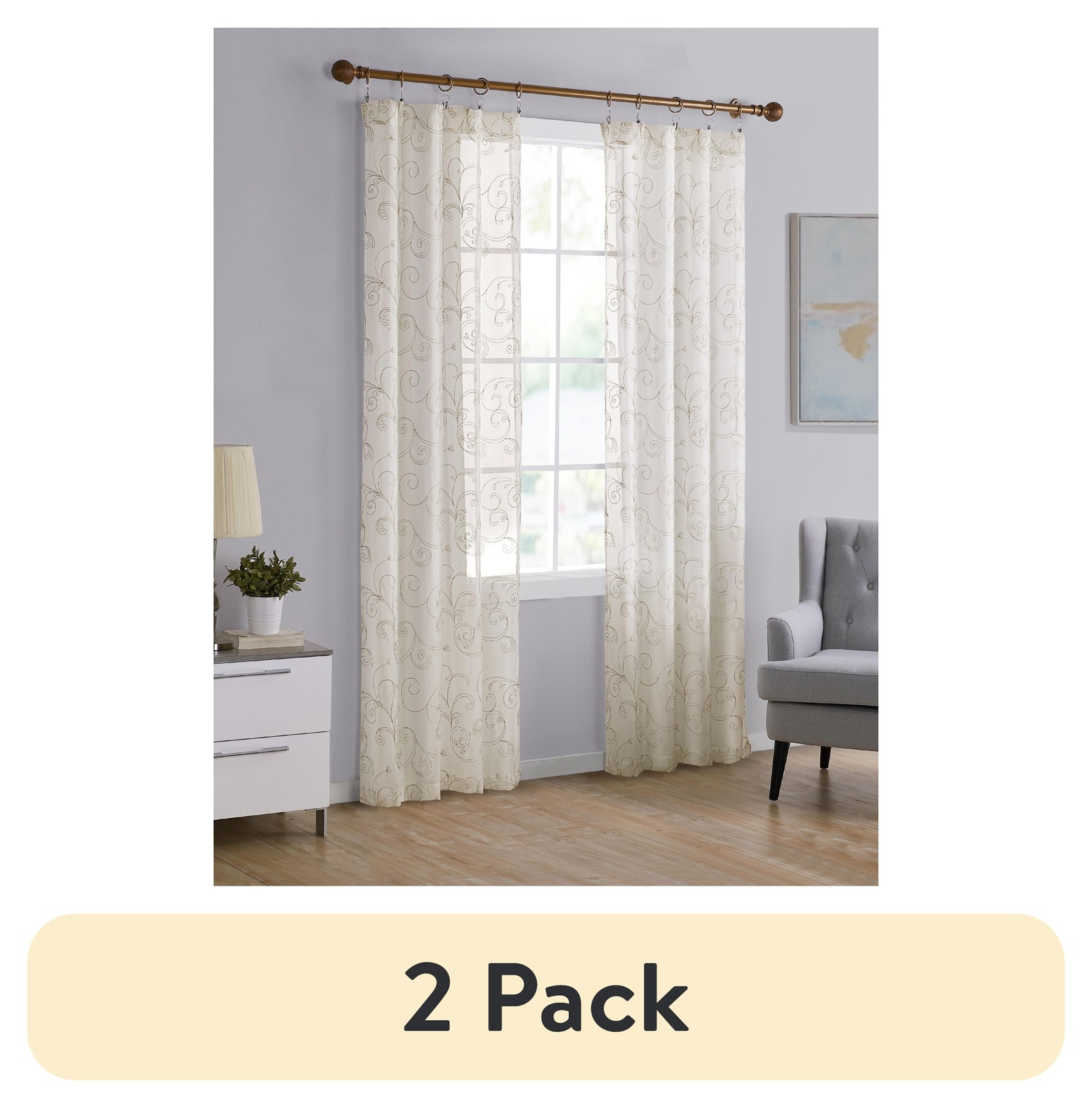 Scroll Rod Pocket Sheer Curtain Panel, 1-Piece, White/Grey, 38″ W x 63″ L