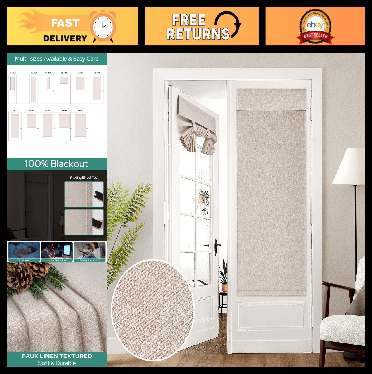 100% Linen Blackout French Door Curtains, Room Darkening Shades 26×68 Inch, Mode