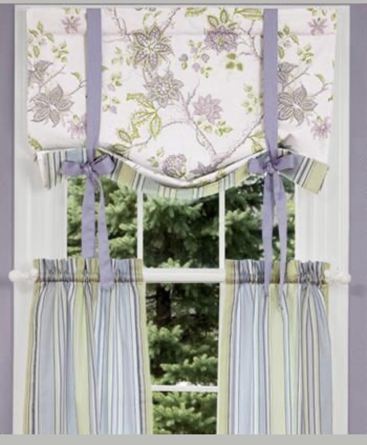 Sweetwater Floral Tie Up Valance Ivory Green Purple Cotton Polyester