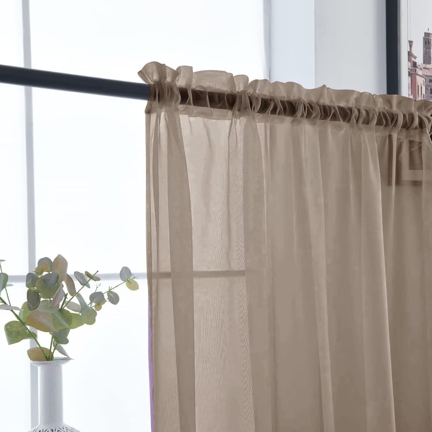 Basic Rod Pocket Sheer Voile Window Curtain Panels Taupe 1 Pair 2 Panels 52 Widt