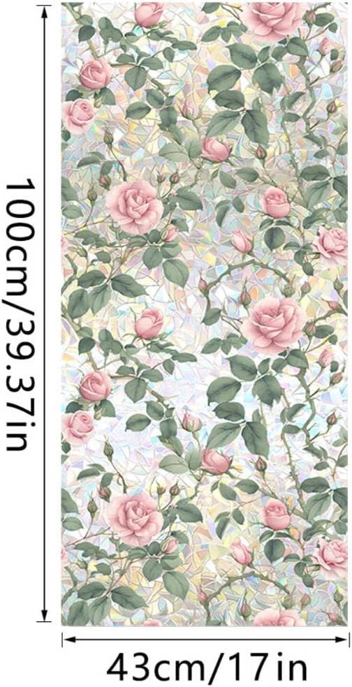 Retro Pink Rose Flowers Window Privacy Film,3D Stained Glass Rose Rainbow Win…