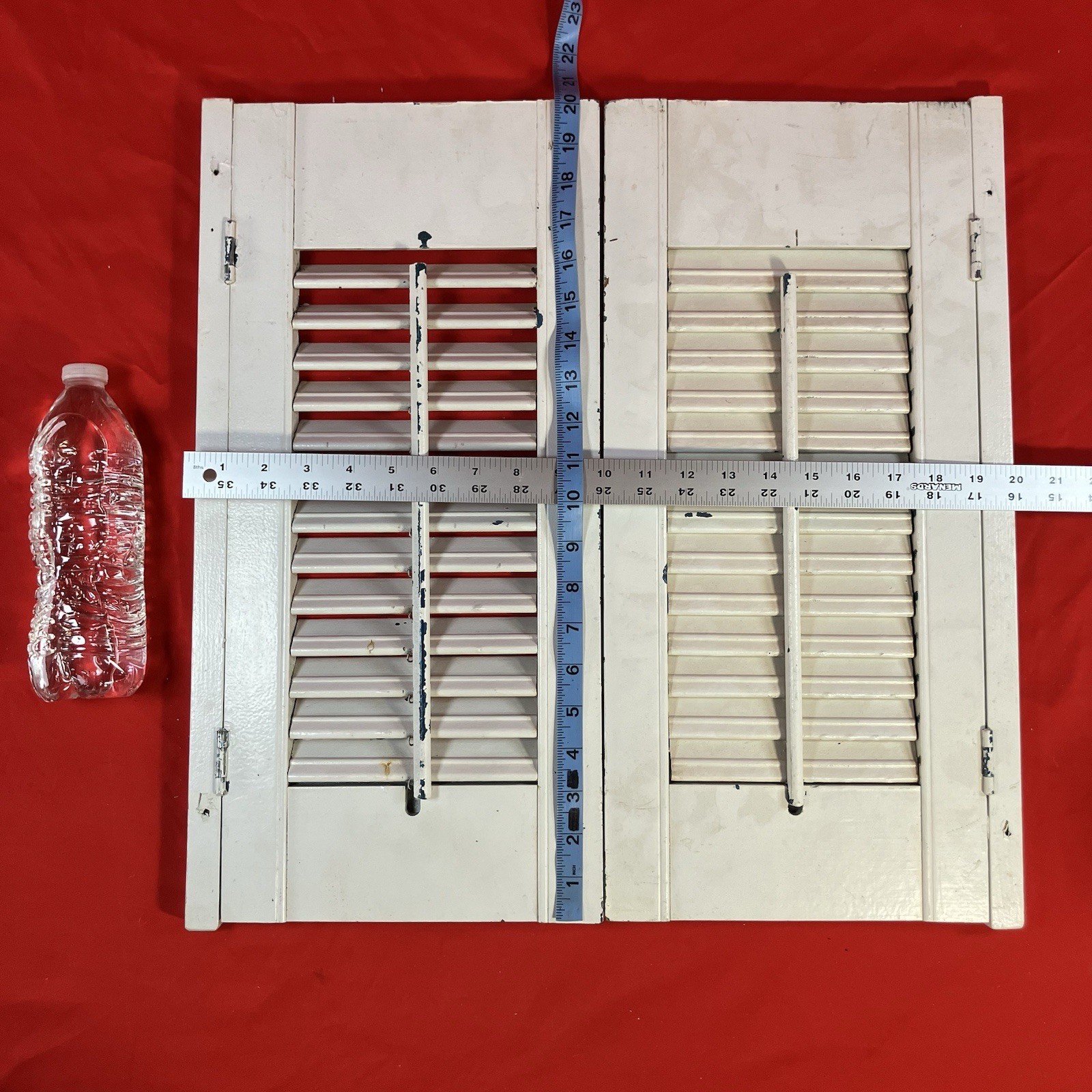 Vintage Wood Louvered Panel Window Shutters / Painted White Rustic / Flaws No 5