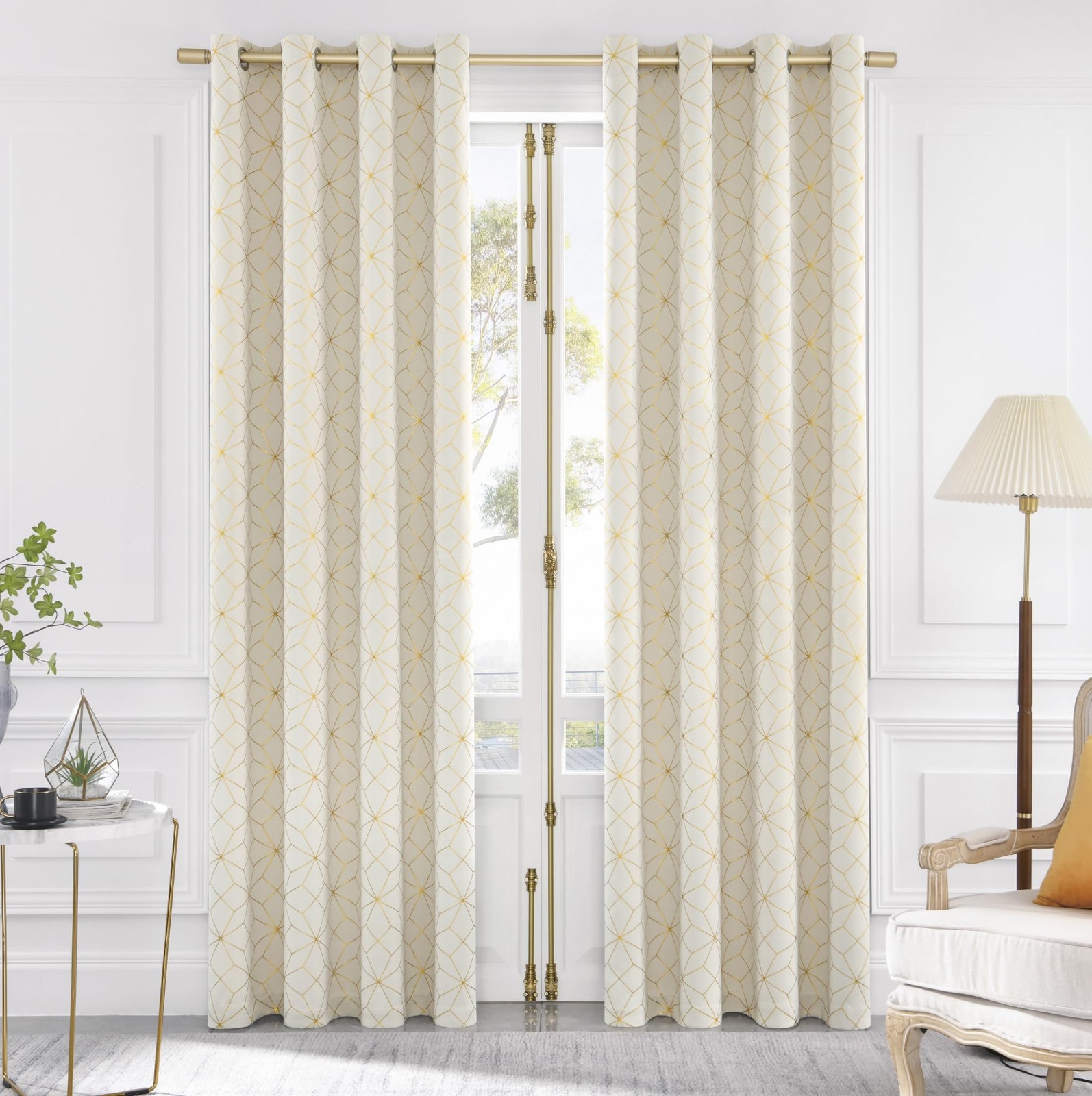 Beauoop Blackout Curtains 50″W x 84″L Beige/Gold Moroccan Grommet Set of 2