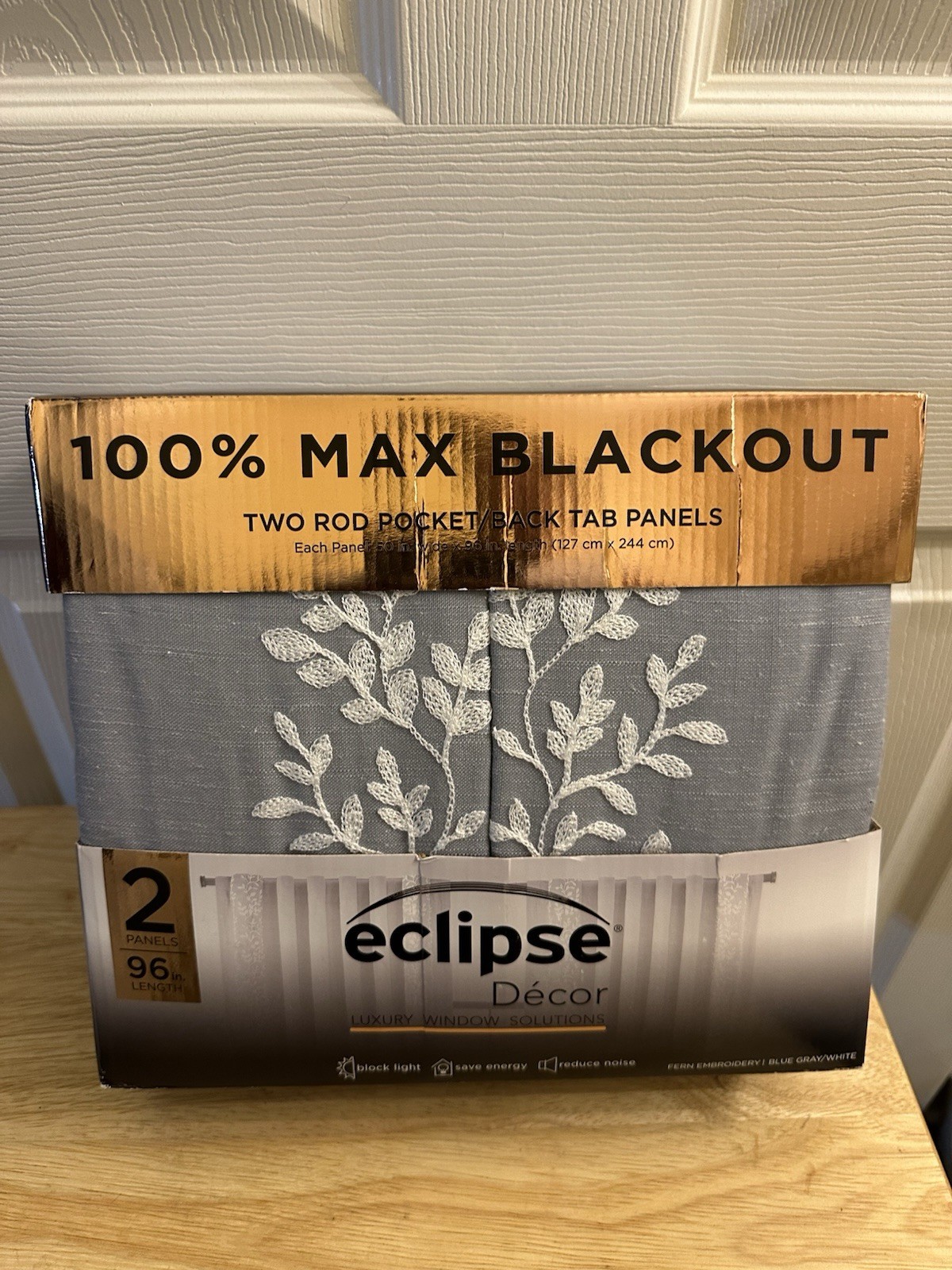 Eclipse Fern Embroidery Blue Gray/White 100% Max Blackout Window Panel Pair
