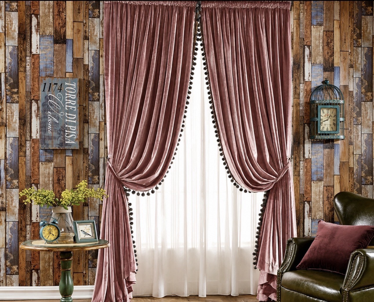 MIULEE Blush Dusty Rose Pom Pom Velvet Curtains Room Darkening Window Panels
