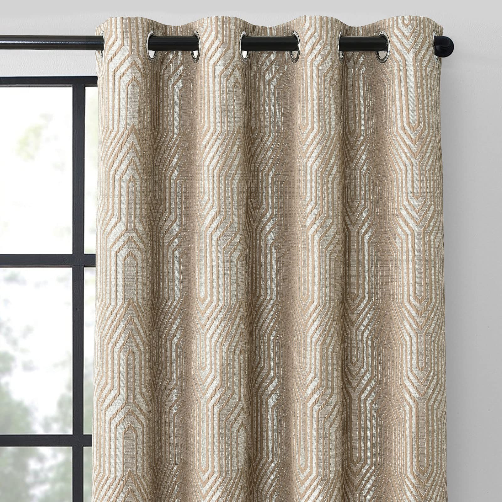 Drapexpert Light Brown And Silvery 100 Blackout Jacquard Geometric Pattern