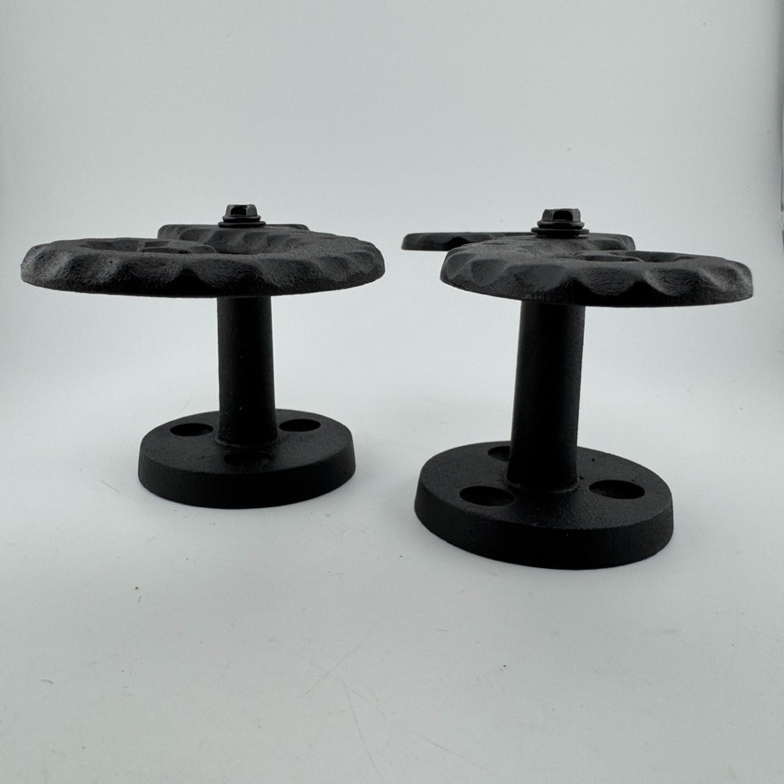 1 Pair – Black Galvanized Iron Scroll Post Mount Shutter Dogs w/ Hammered Edge