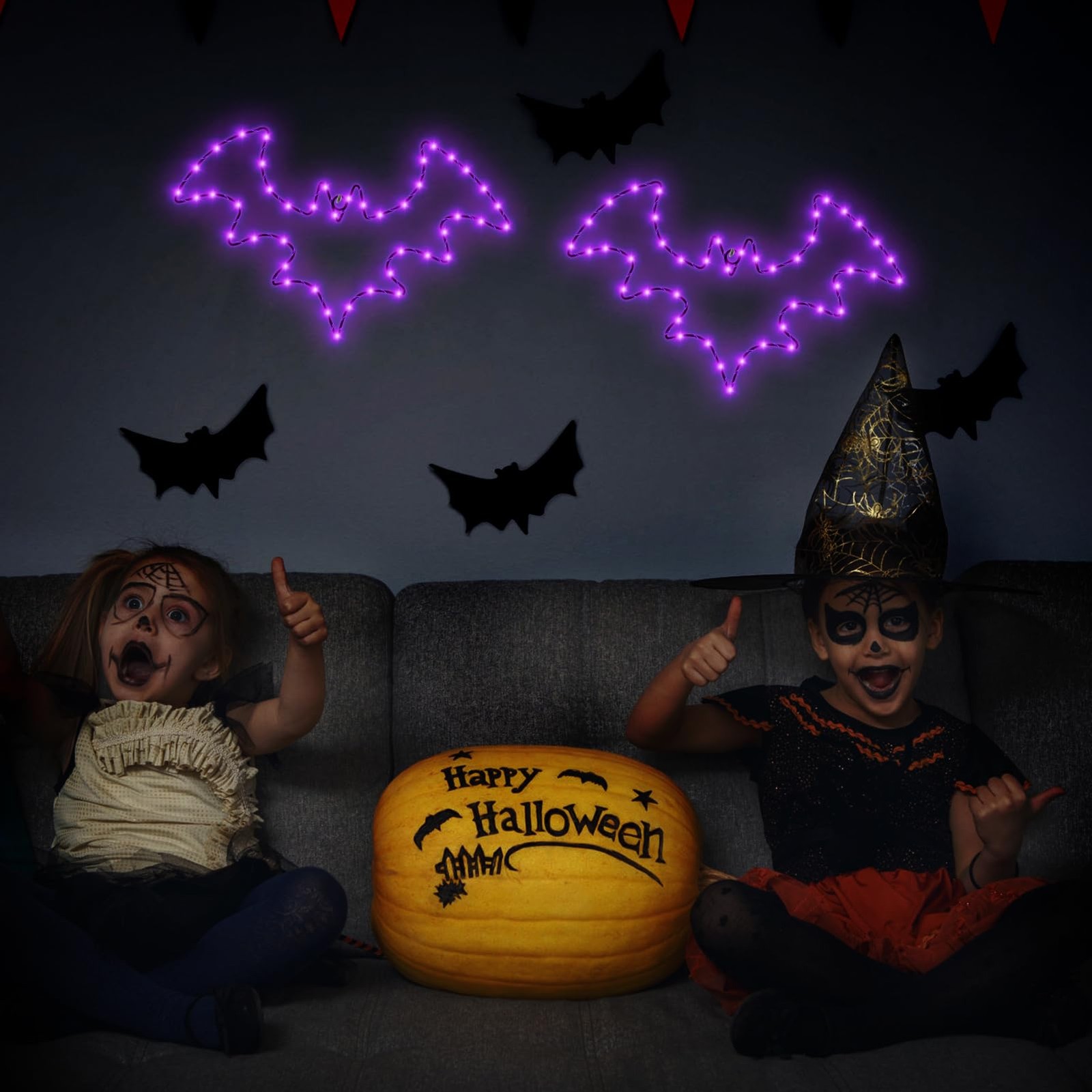 Halloween Decorations, 2 Pack Bat Window Lights, 8 Modes Battery Operated