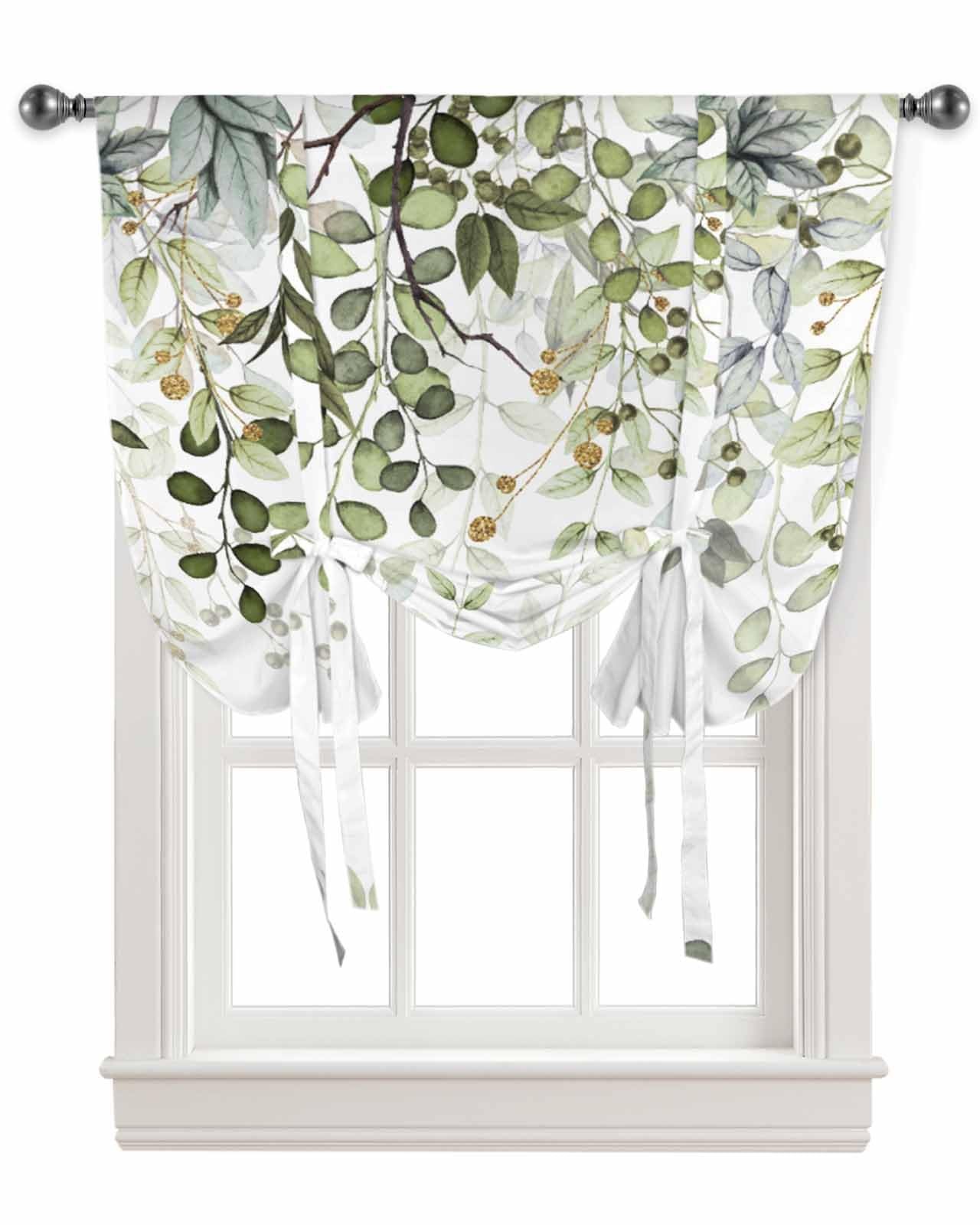 Sage Green Eucalyptus Leaves Kitchen Window Shades Tie Up Curtains, Rustic Br…